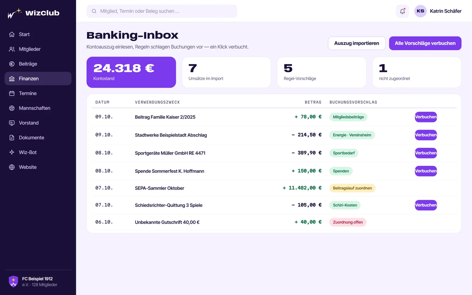 Banking-Inbox mit Buchungsvorschlägen