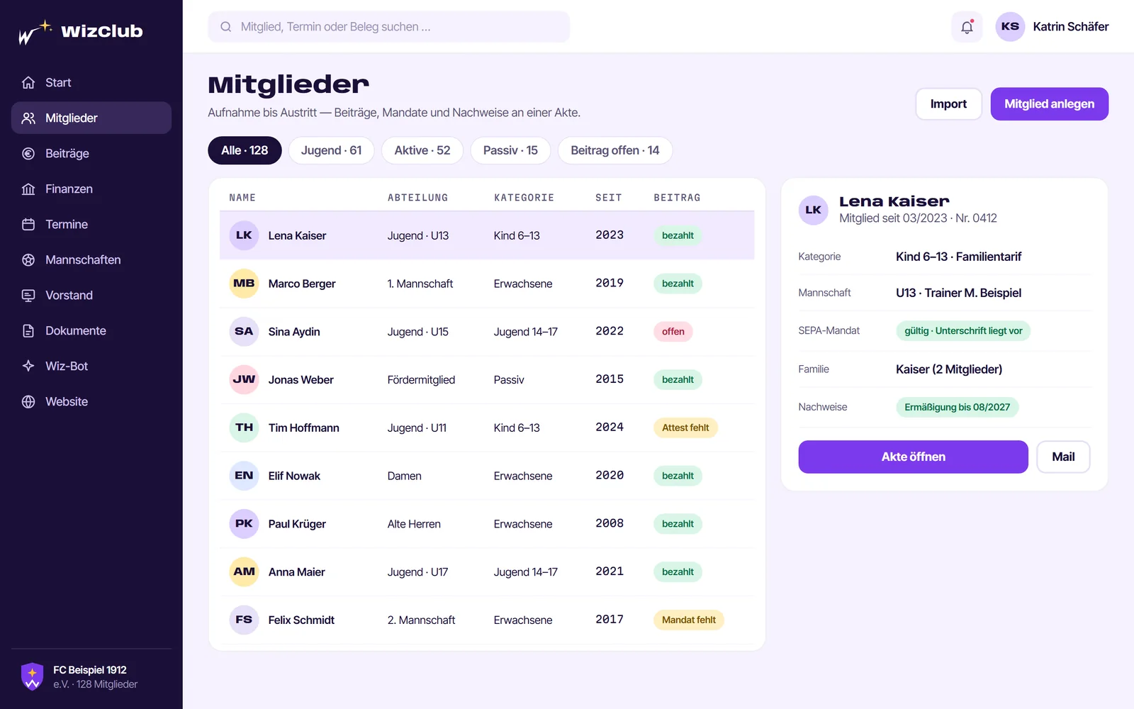 Mitgliederliste mit Beitragsstatus und Akte